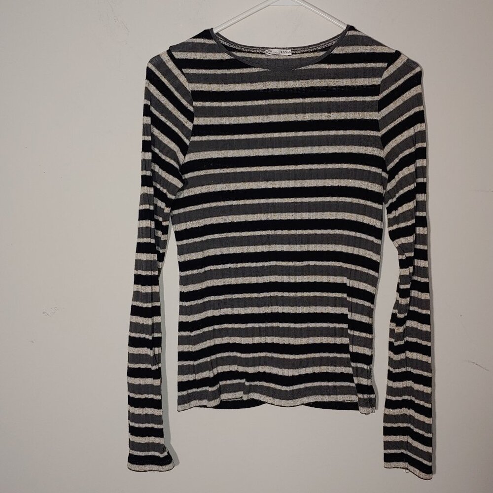 Zara Metallic Stripe in Grey, White, Black Long Sleeve Round Neckline Top Sz M